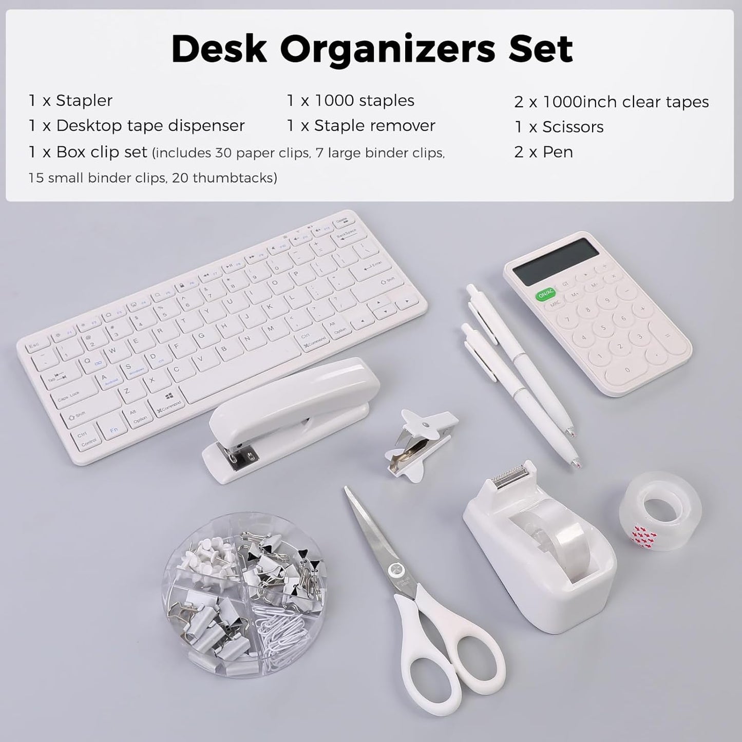SKYDUE White Office Supplies Set, Desk Accessories, Stapler, Tape Dispenser, Scissors, Binder/Paper Clips and 1000pcs Staples, Office Decor for Women