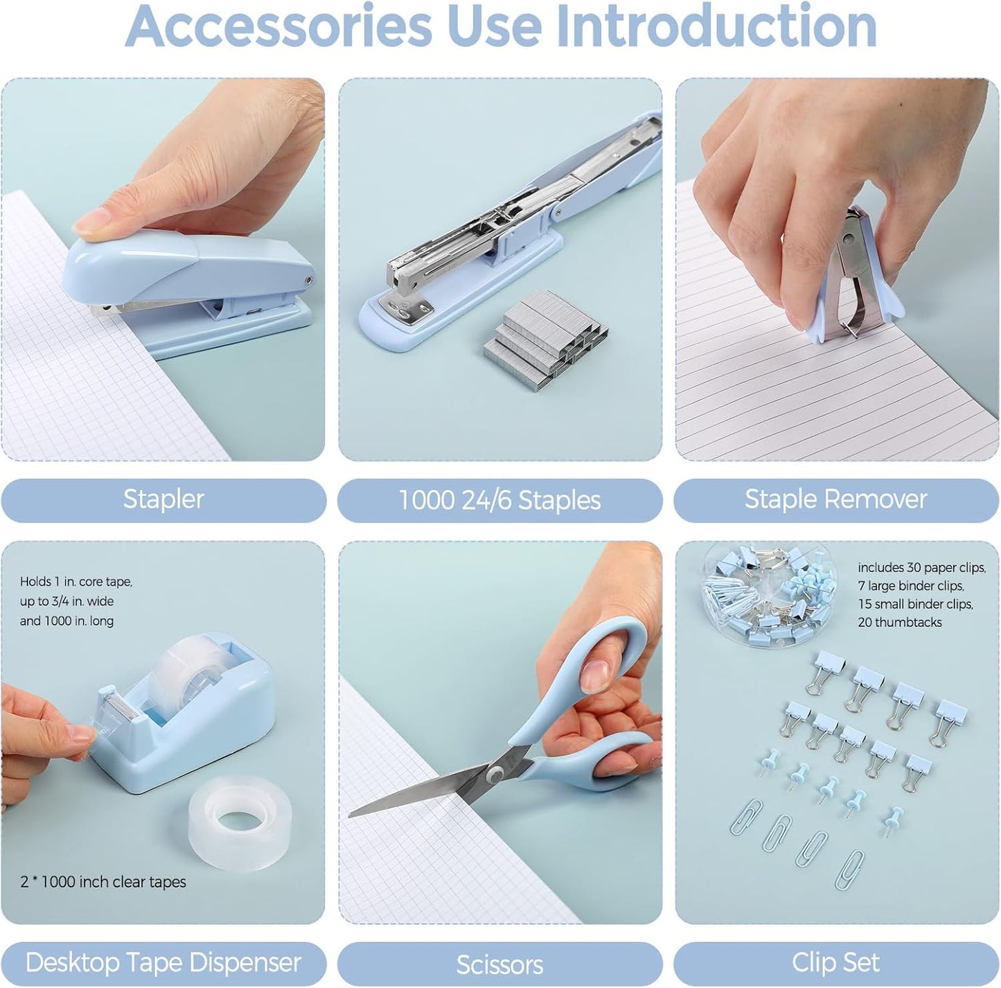 SKYDUE Blue Office Desk Accessories, Blue Office Supplies, Stapler, Tape Dispenser, Scissors, Clips and 1000pcs Staples,Desk Supplies for Women