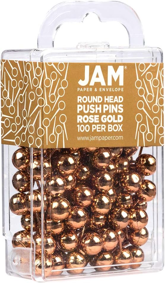 JAM PAPER Colorful Push Pins - Round Head Map Thumb Tacks - Rose Gold Pushpins - 100/Pack
