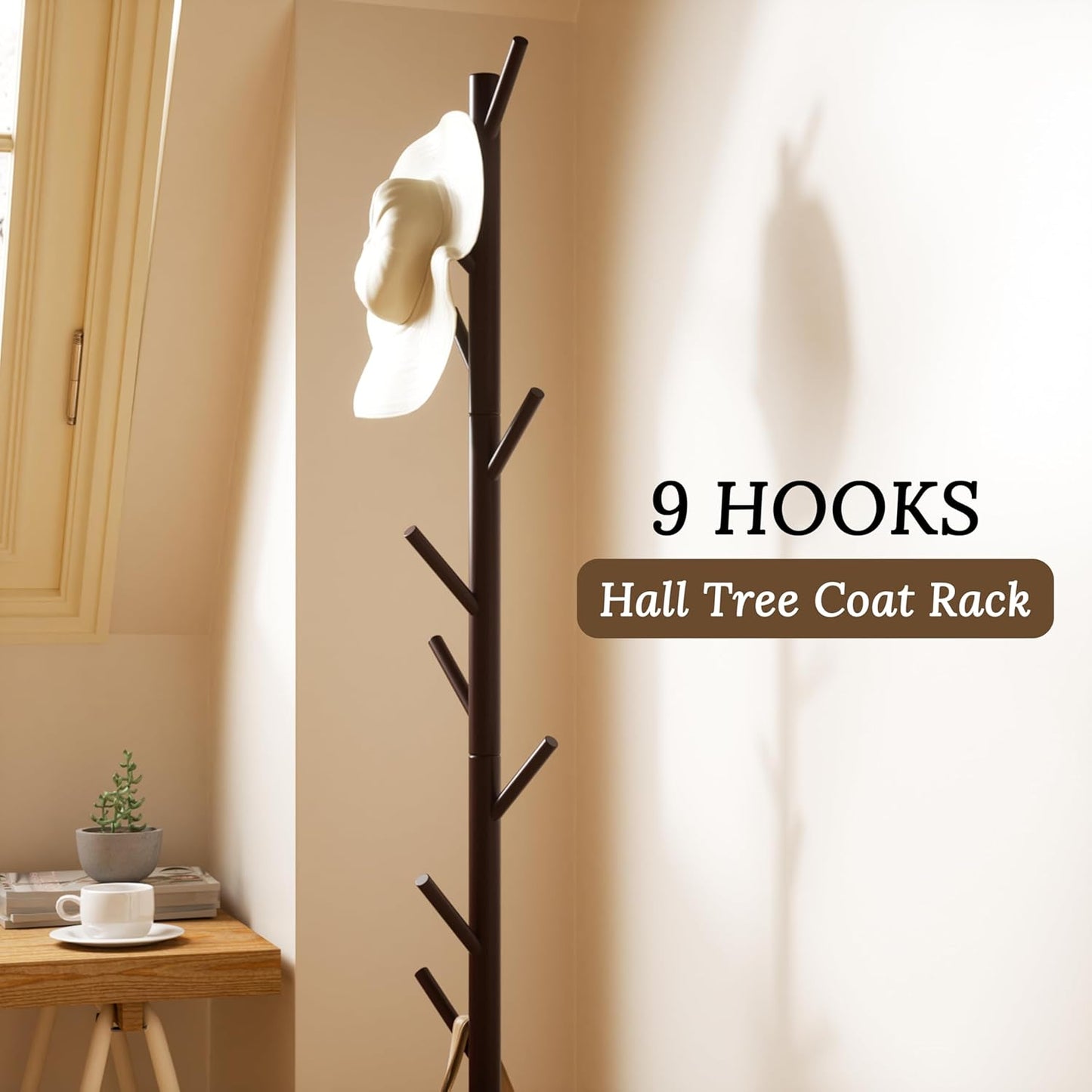 Wooden Freestanding Coat Tree with 4 Height Options and 9 Hooks, Sturdy Coat Rack Stand for Clothes/Bags/Hats, Save Space Coat Rack for Entryway, Bedroom, Office, Narrow Place (Coffee)