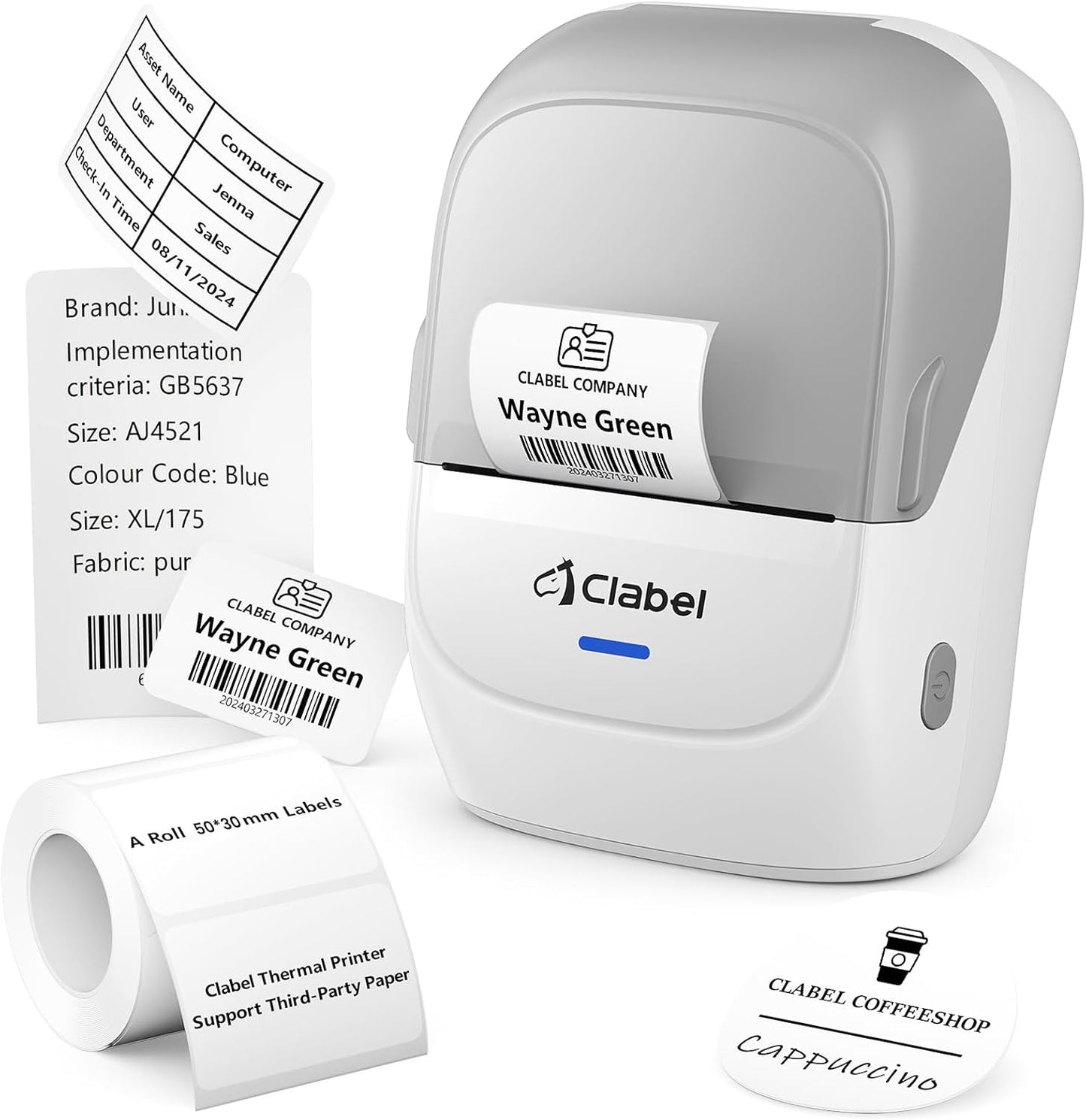 CLABEL Thermal Label Maker Machine: 221B Mini Sticker Printer Barcode Printer Inkless Label Printer Compatible with Clothing Price Labeling with 1 Roll of 50x30mm Label(Gray White)