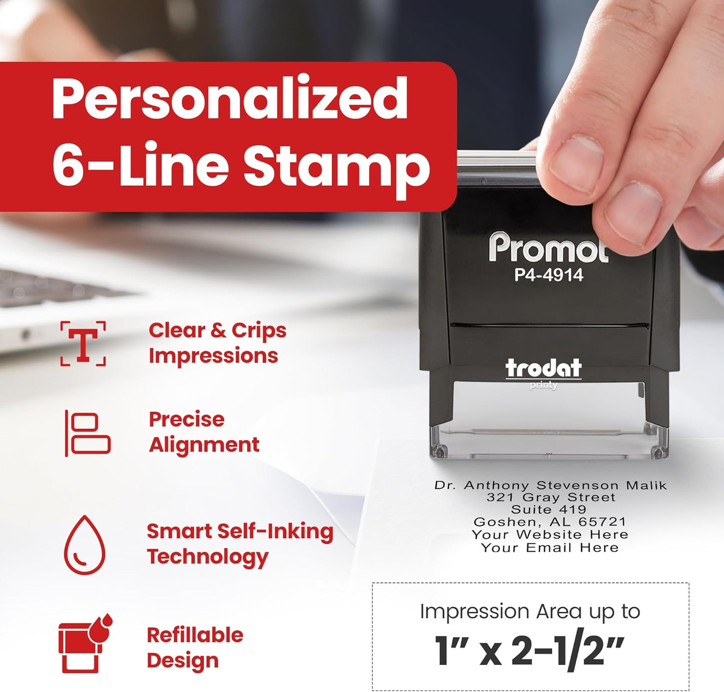 Promot Self Inking Stamp - Extra Large Custom Stamp for Name, Address, Office, or Business Use - Up to 6-Line Personalized Rubber Stamp - Customizable Font & Ink Color - Personalized Name Stamp