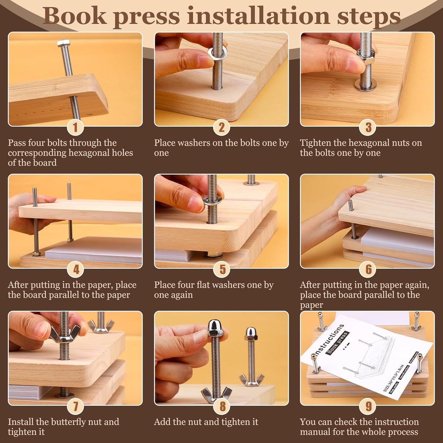 JUPEAN 34 Pcs Book Binding Kits, Book Press(11.81”x7.56”), Books Making Kit with Bone Folder Bookbinding Needles Waxed Threads Books Binding Awl, Bookbinding Tools for Beginners