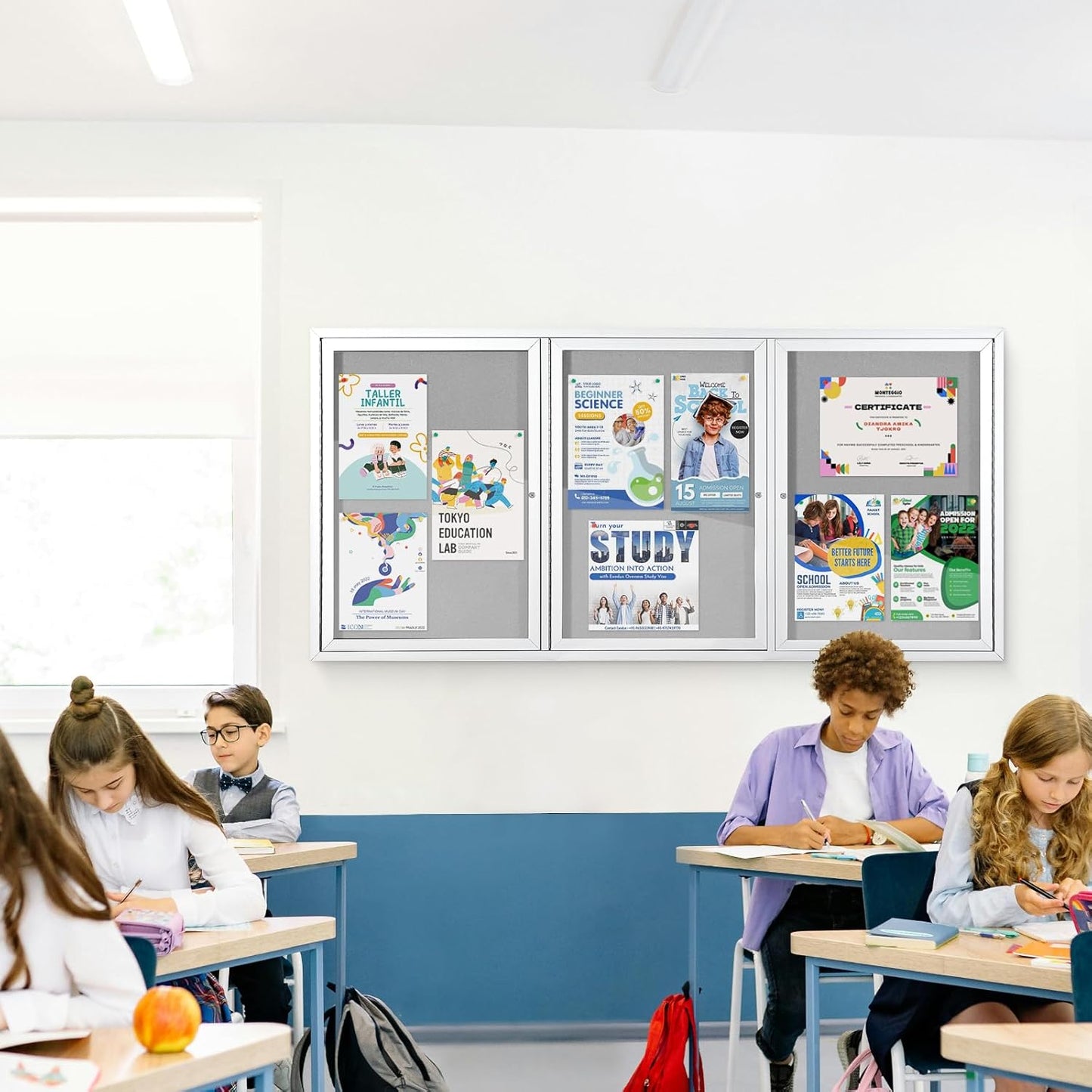 Outdoor Bulletin Board Weatherproof 72x36 in,Enclosed Bulletin Board with Locking Door, Wall Display Case for Office School Home Commercial, Silver Aluminum Frame, Gery Felt