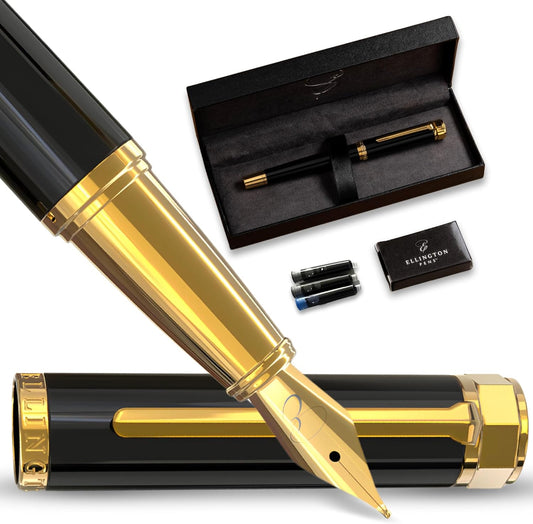 Luxury Fountain Pen Set- Fountain Pens for Writing - Smooth Medium Nib - Includes Refillable Ink Converter, 3 Ink Cartridges [Black & Blue], Gift Box - Elegant Calligraphy