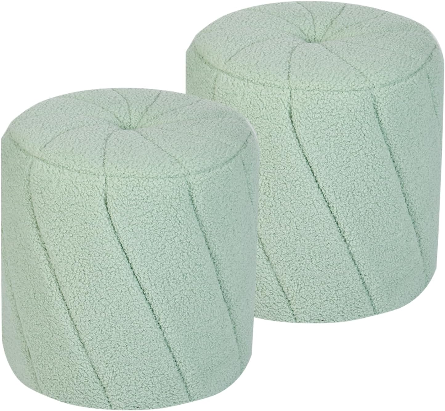 Modern Round Ottoman 2Pcs, Spiral-Tufted Foot Stool Ottoman, Teddy Fleece Upholstered Vanity Stool for Makeup, Bedroom, Living Room, Light Green