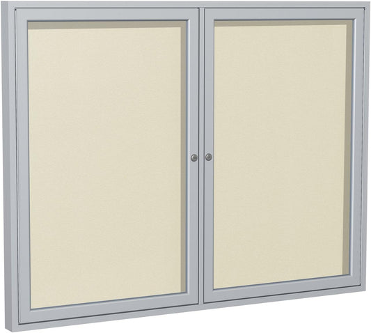 Ghent 36"x48" 2-Door Outdoor Enclosed Vinyl Bulletin Board, Shatter Resistant, with Lock, Satin Aluminum Frame - Ivory (PA23648VX-185 ), Made in the USA