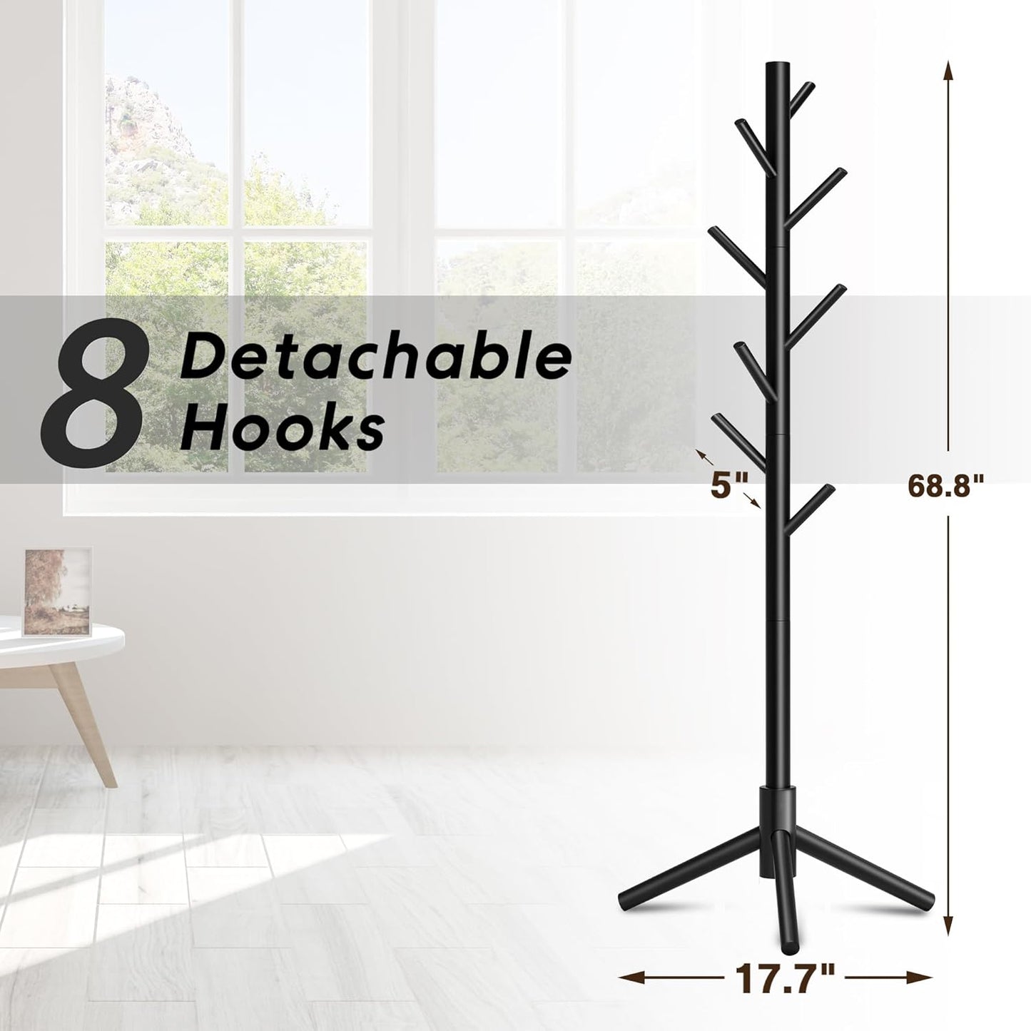 Wooden Coat Rack, Free Standing Coat Rack with 8 Hooks 3 Adjustable Heights for Clothes, Hats, Handbags, Coat Tree Easy Assembly for Entryway, Bedroom, Hallway, Office(2PCS)