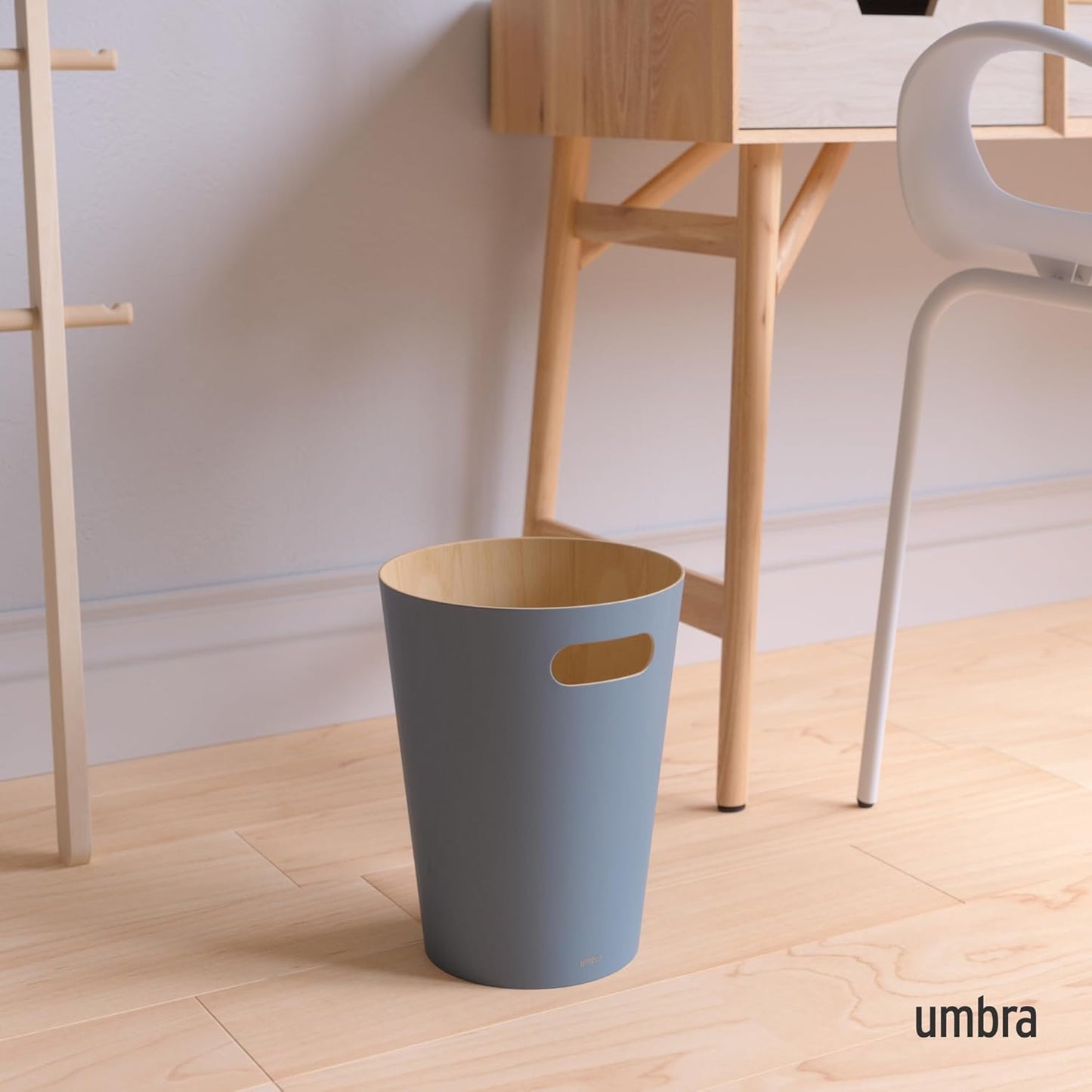Umbra Woodrow 2-Gallon Modern Wooden Trash Can Wastebasket, Attractive Bin for Garbage or Recycling, Suitable for Home or Office, Slate Blue