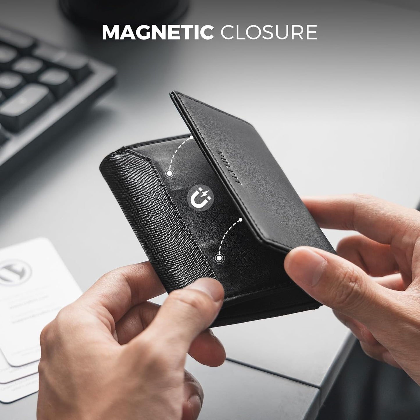 VULKIT Business Card Holder Premium Leather RFID Blocking Card Case With ID Window Magnetic Closure Holds Up to 40 Business Cards