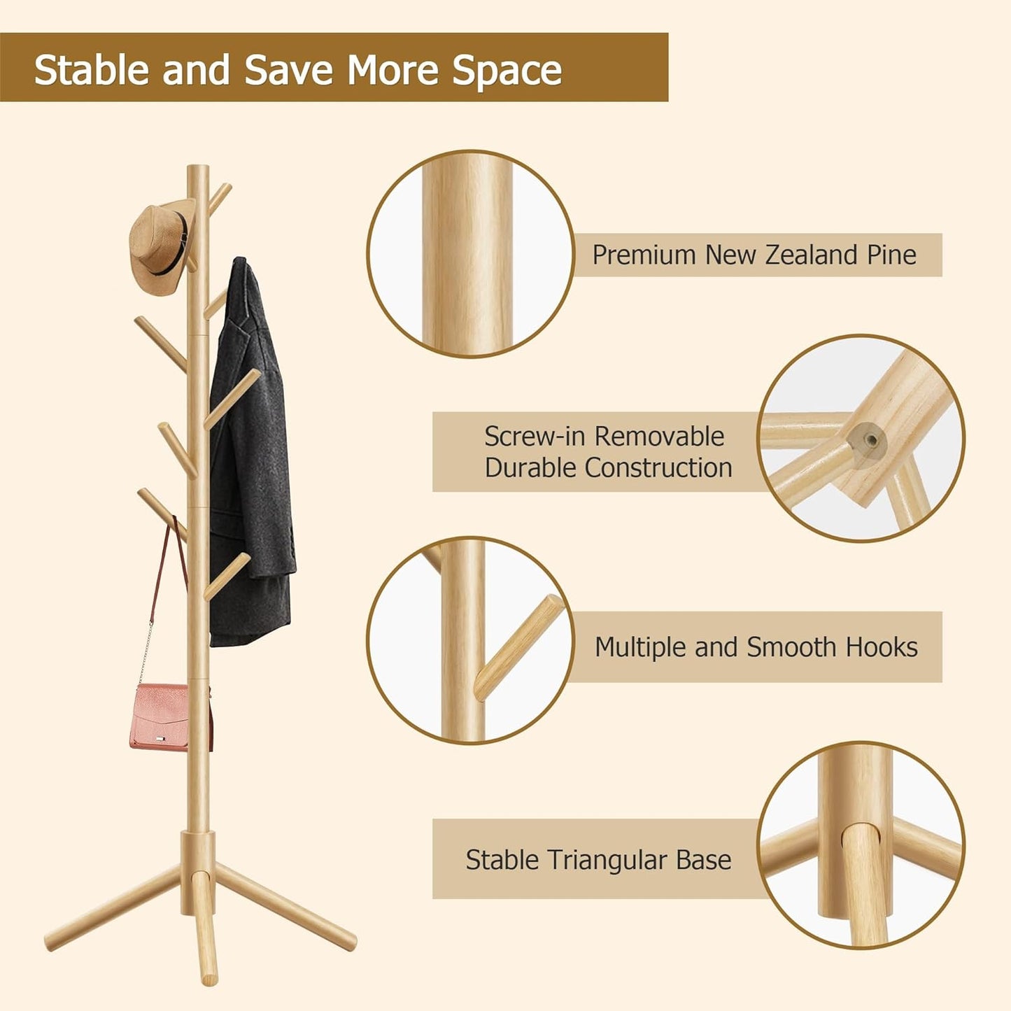 Wooden Coat Rack, Free Standing Coat Rack with 8 Hooks 3 Adjustable Heights for Clothes, Hats, Handbags, Coat Tree Easy Assembly for Entryway, Bedroom, Hallway, Office(2PCS)