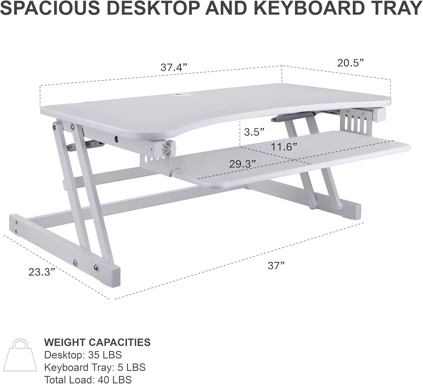 Rocelco 37.5" Height Adjustable Standing Desk Converter with Dual Monitor Mount and Anti-Fatigue Mat - Slide Out Retractable Keyboard Tray - Sit Stand Up Tabletop Riser - White (R DADRW-DM2-MAF)