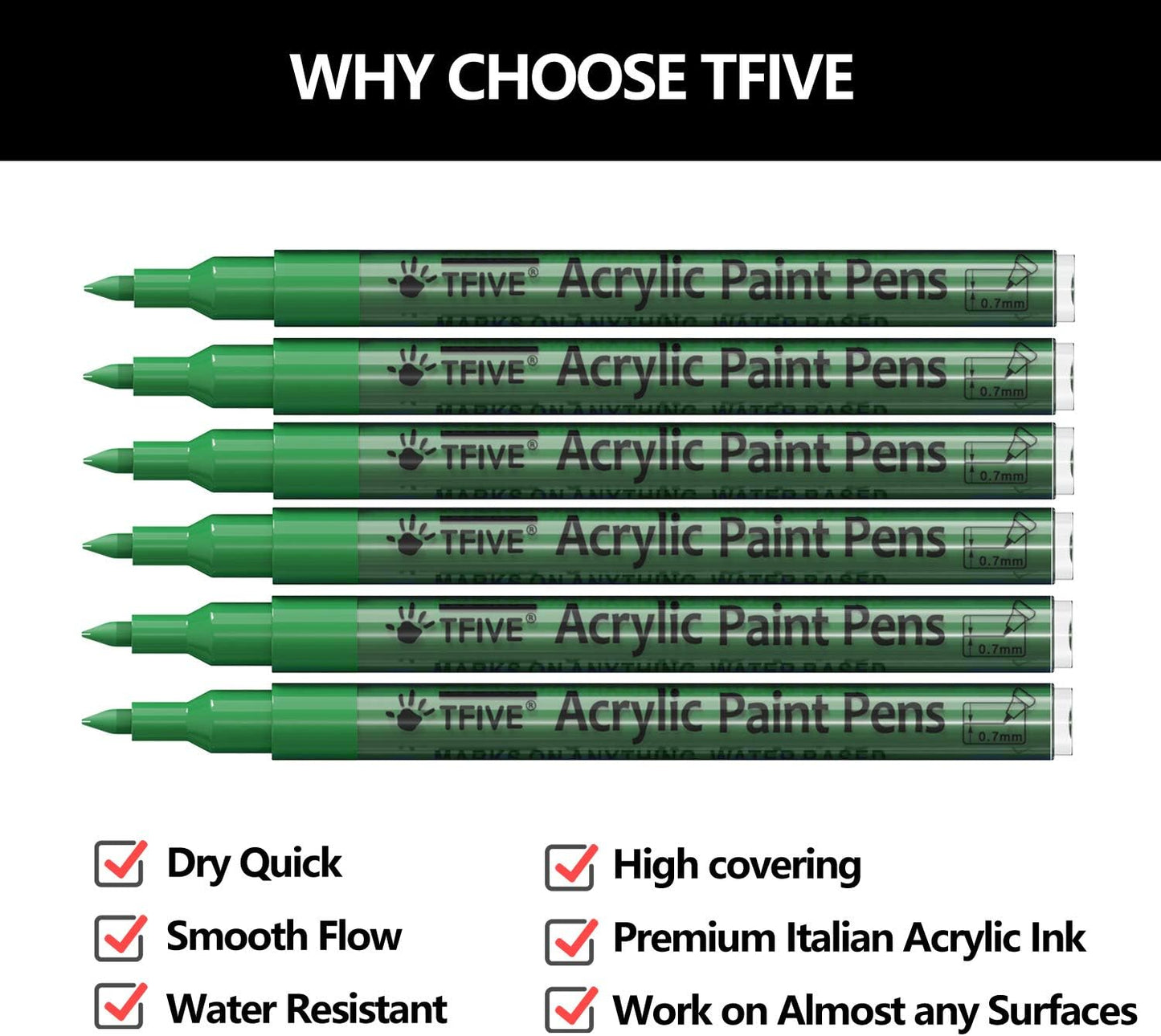 Green Marker Paint Pens - 6 Pack Acrylic Green Permanent Marker, 0.7mm Extra Fine Tip Paint Pen for Art Projects, Drawing, Rock Painting, Stone, Ceramic, Glass, Wood, Plastic, Metal, Canvas DIY Crafts