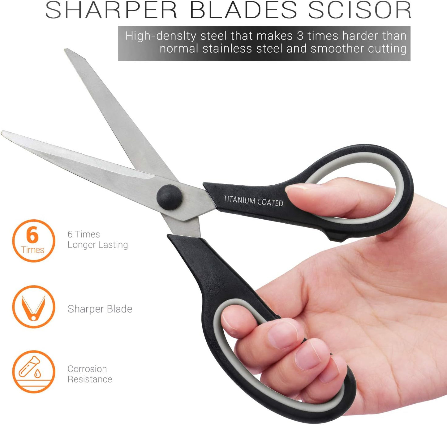 Scissors 8" Multipurpose Titanium Coated Sturdy Sharp Scissors Right/Left Handed Comfort-Grip Handles for Office Home School Sewing Fabric Craft Supplies Black