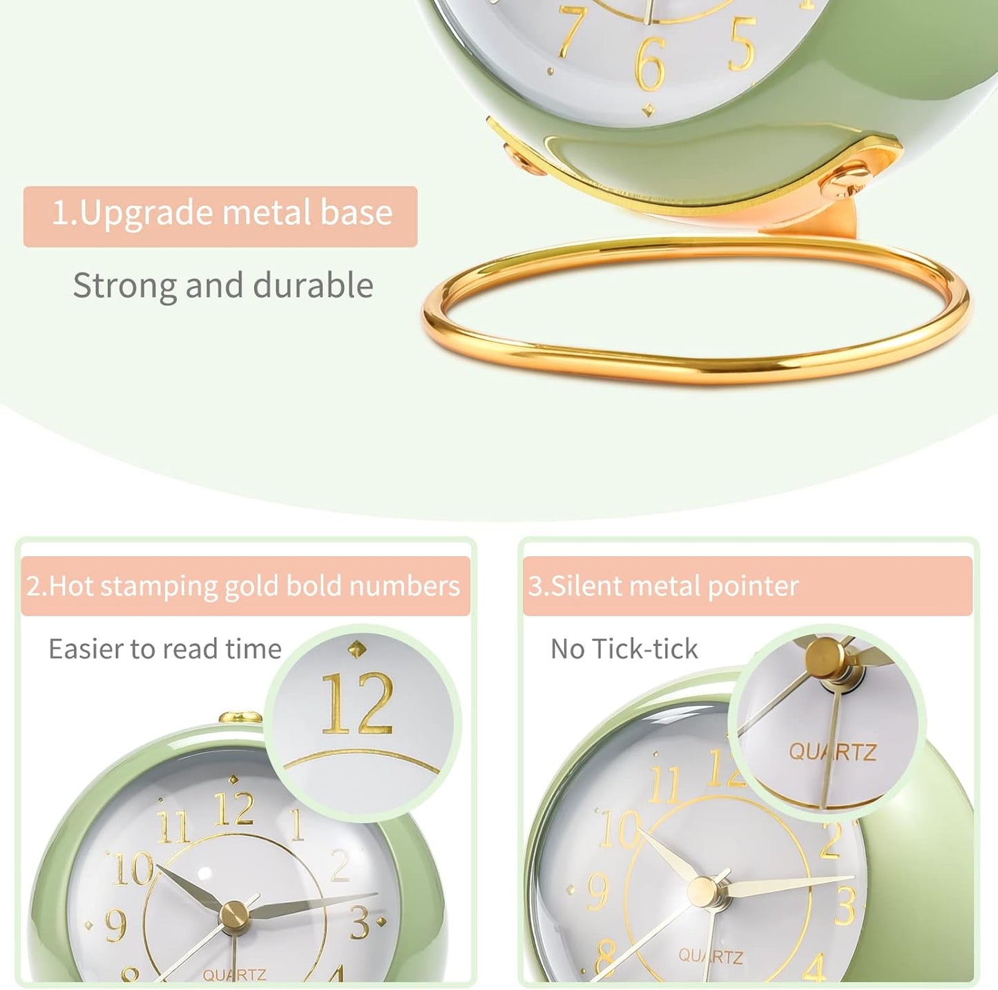 Analog Alarm Clocks for bedrooms,Small Desk Clocks,Night Light, Non-Ticking，Battery Powered,Silent Alarm Clock for Kids,Simple Design Desktop Alarm Clock. (Pink)