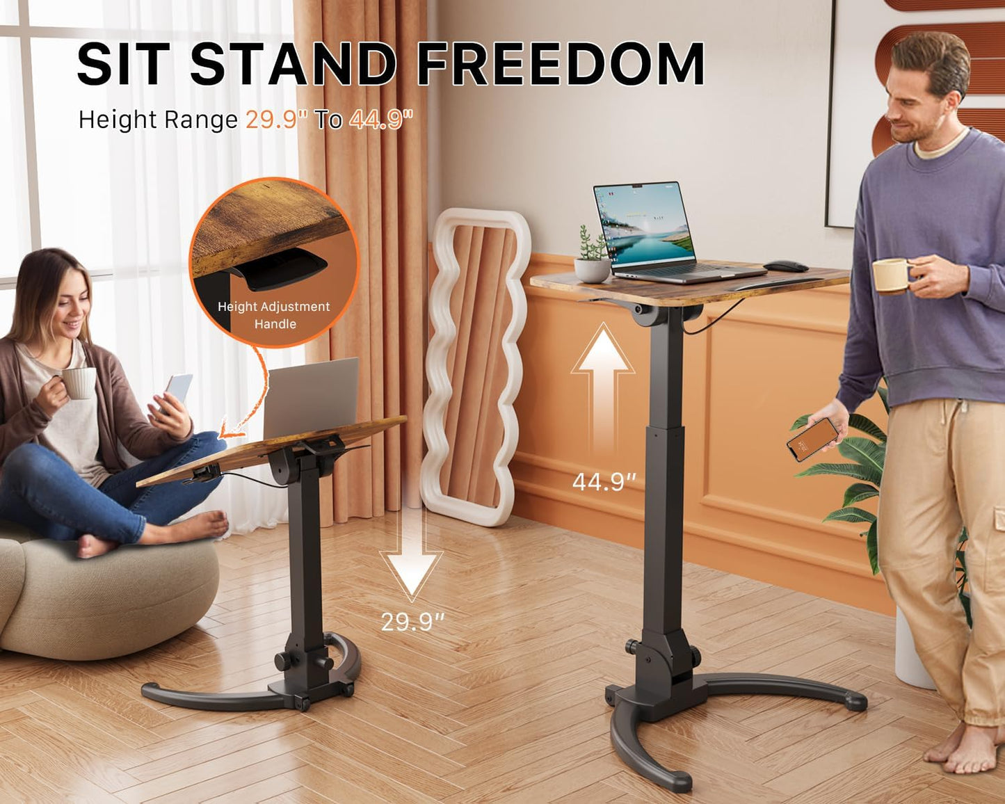 JOY worker Foldable Mobile Standing Desk, Pneumatic Height Adjustable Sit Stand Desk, 90° Tiltable Rolling Laptop Table, Portable Workstation with Non-Slip Mat for Home Office, Holds Up to 22lbs