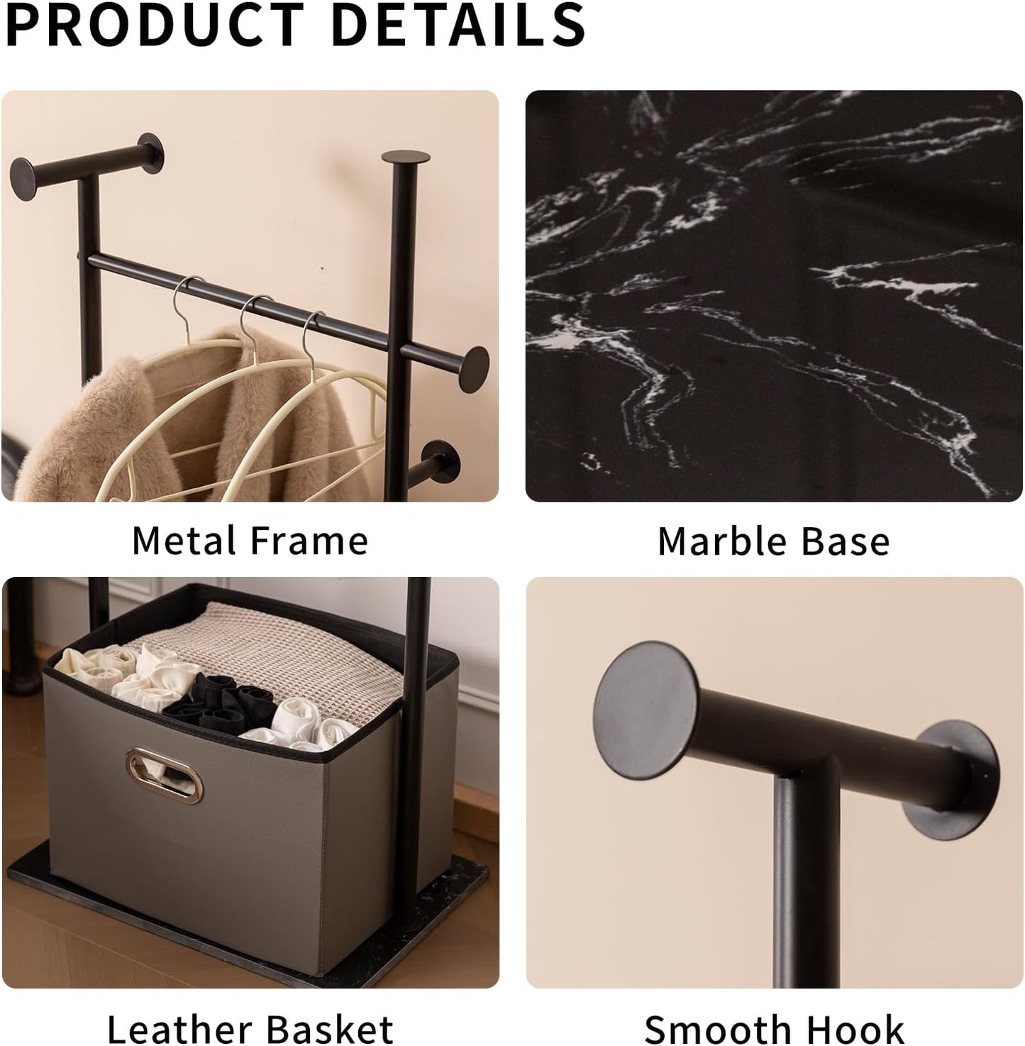 Coat Rack Freestanding with Storage Basket Heavy Duty Clothes Rack Marble Base Modern Coat Stand for Bedroom Living Room Hotel 13.39" D x 19.69" W x 68.9" H (Black)