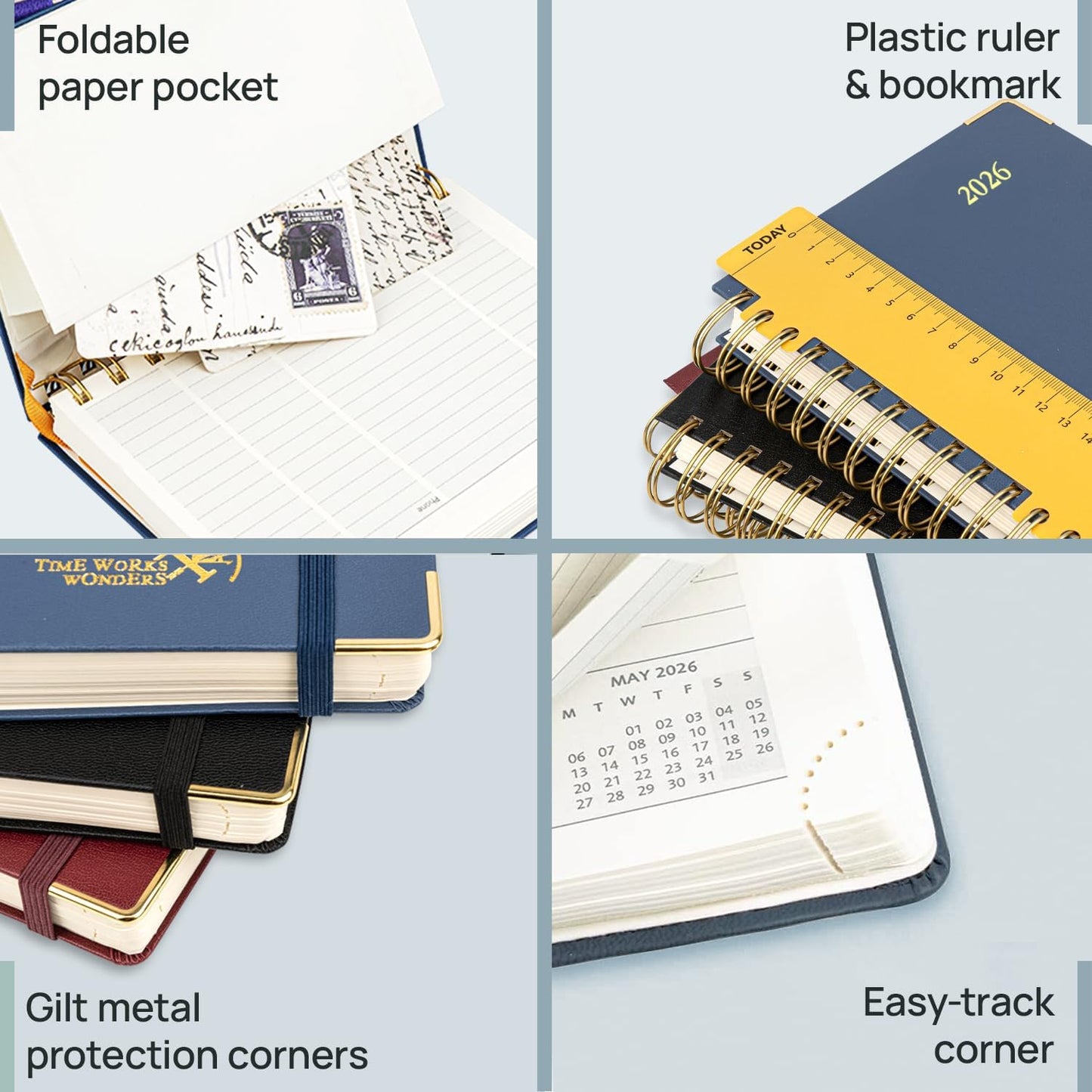 POPRUN 2026 Planner (Medium Size 8.5'' x 6.25'' Wire-Bound Hard Cover) Daily Weekly and Monthly Calendar - Agenda 2026 (Jan.2026-Dec.2026) with Hourly Schedule, Monthly Tabs - Light Yellow