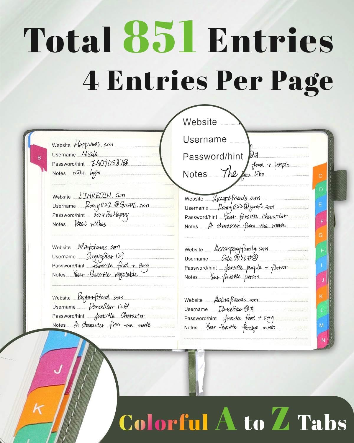 Password Keeper Book with Colorful Alphabetical Tabs, Hardcover Password Log-book for Internet Password and Website Address, 5.8"×8.4" Password Notebook for Home Office (Sage Green)