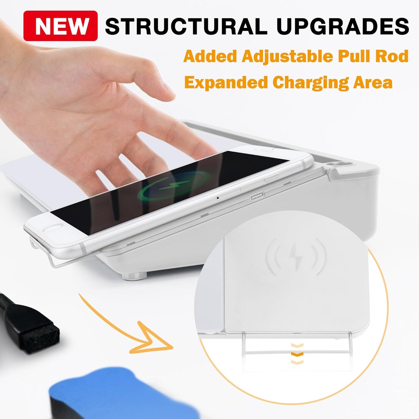 SELEAD Desktop Glass Whiteboard with Wireless Charger Station, Dry Erase Board Computer Pad Keyboard Stand with Organizer Drawer for Home, School, Office Desk Accessories, White