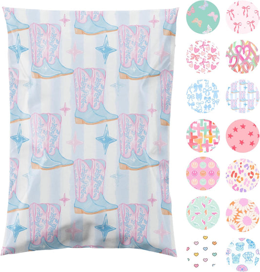 14.5x19 Designer Poly Mailer 100 Pack Heavy Duty Waterproof Self Seal Shipping Bags for Small Business Large Mailing Envelopes Bulk Tear Resistant Packaging Cowgirl Boots Western