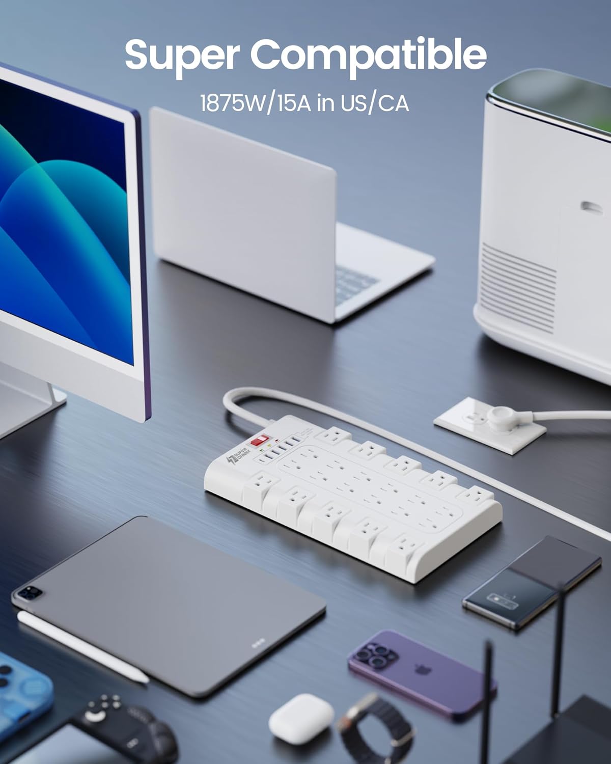 10Ft Extension Cord with Multiple Outlets, SUPERDANNY Surge Protector Power Strip (1875W/15A), 22 AC Outlets and 6 USB Charging Ports, Wall Mountable for Home, Office, Gaming Room, 2100 Joules, White