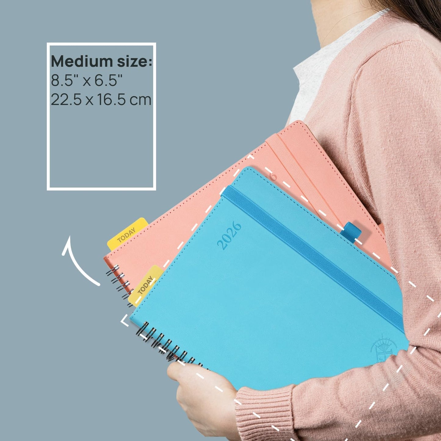 POPRUN 2026 Planner (Medium - 6.5'' x 8.5'') with Hourly Schedule, Vertical Layout - 2026 Weekly Calendar (Jan. 2026 - Dec.2026) for Time Management, Monthly Tabs, Spiral Bound, Soft Cover - Grey