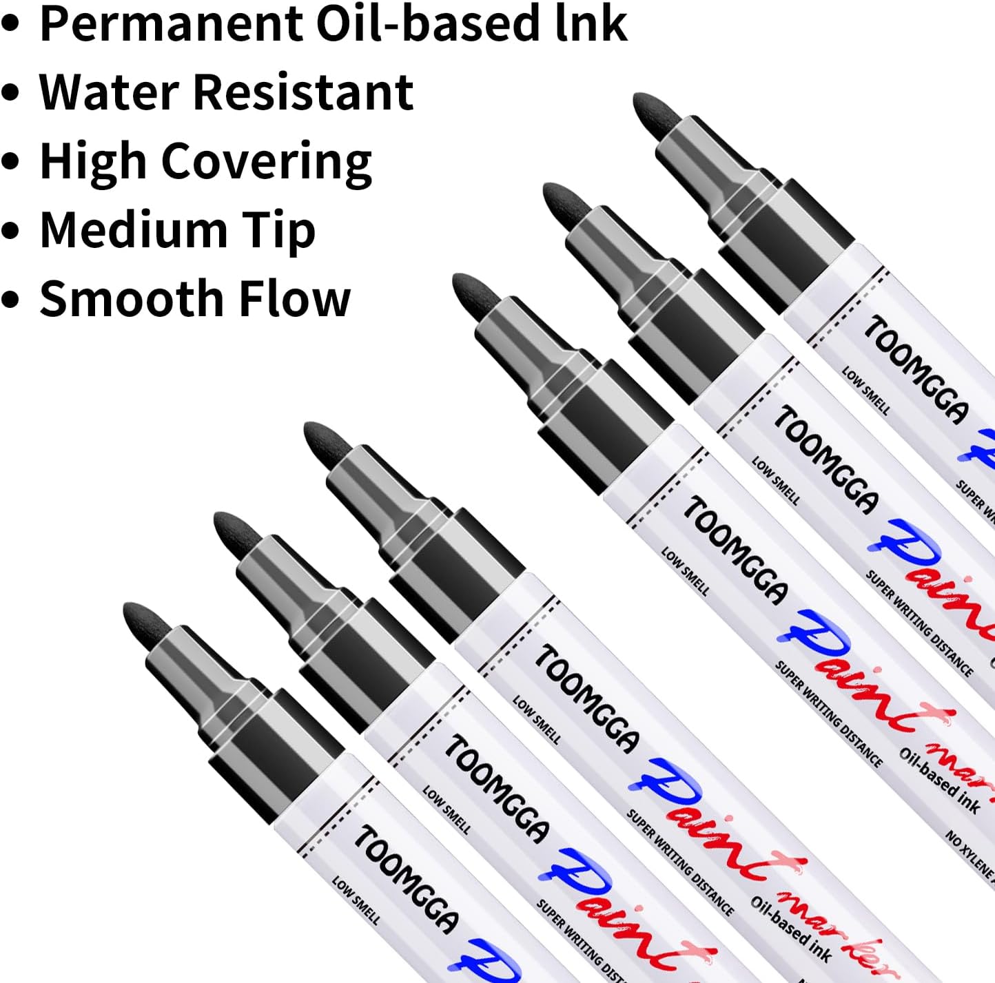 Black Paint Pens Permanent Paint Markers - 6 Pack Oil Based Marking Pens, Medium Point, Quick Drying and Waterproof Pens for Rock Painting Car Tyre Metal, Plastic, Canvas, Wood