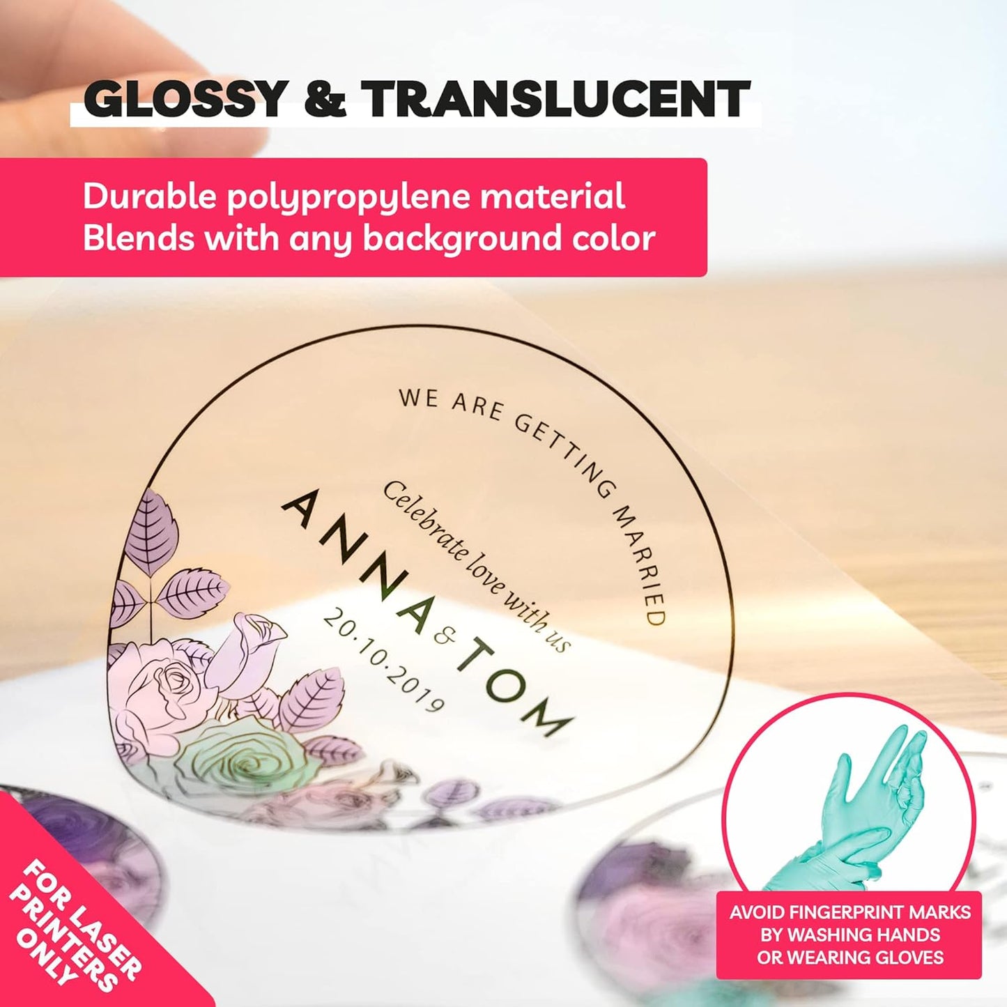 Clear Sticker Paper for Laser Printer - (20 Sheets), 8.5 x 11" Letter Size, Glossy Vinyl Sticker Paper - Perfect for Crafting and Vibrant Designs