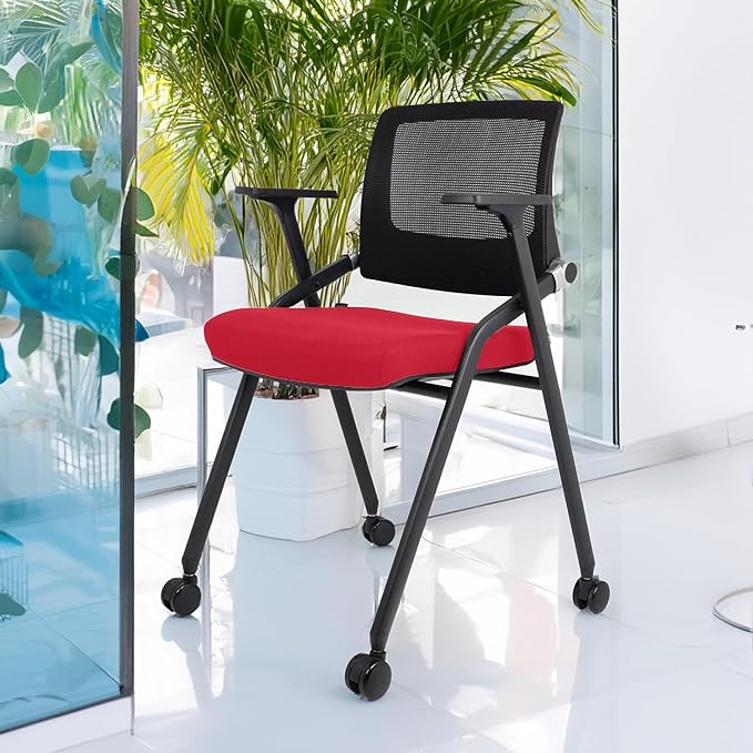 2 Pack Foldable Office Chairs with Wheels, Mesh Back, Arms and Portable - Folding Office Chairs for Conference Room Chair, Office Guest & Reception & Meeting Chair - (Red) 300 lbs.