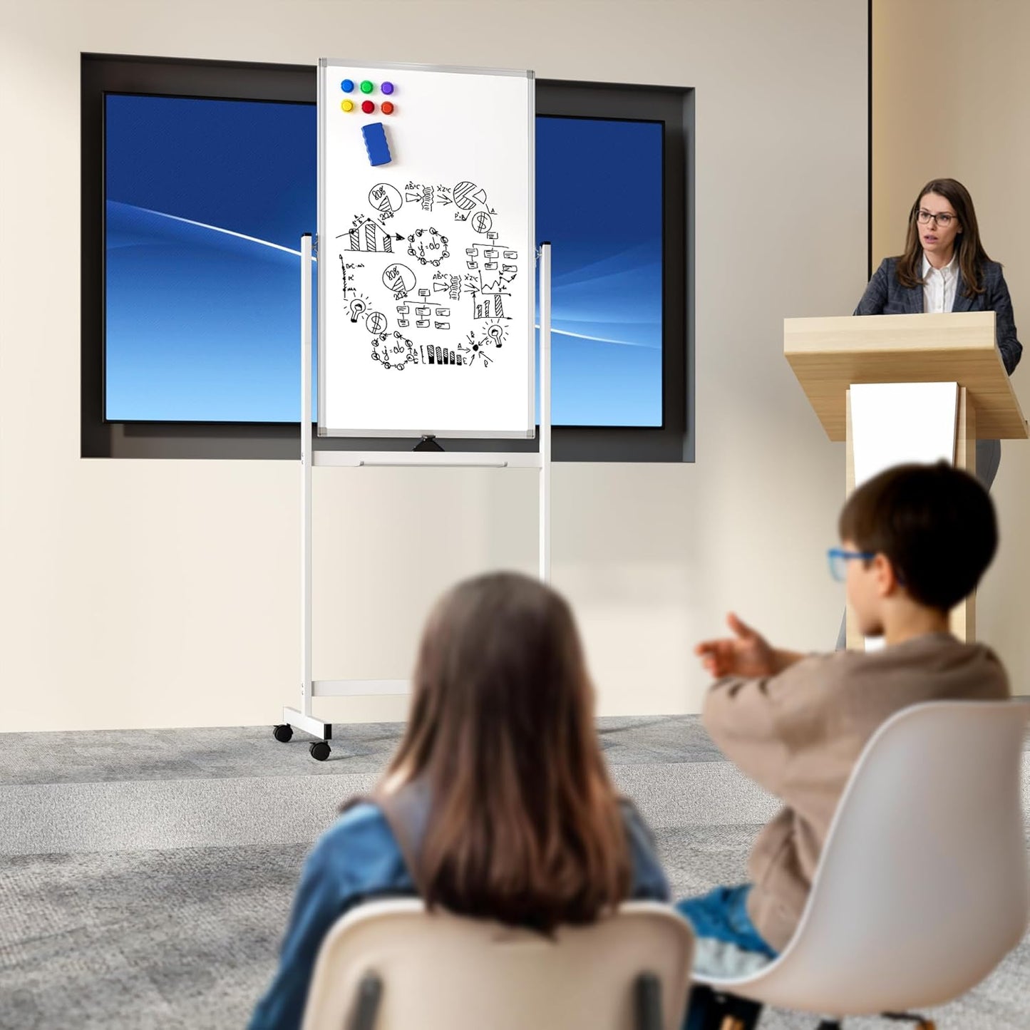Rolling Whiteboard on Wheels, 40" x 24" Double-Sided Mobile Magnetic White Board with Stand, Portable Standing Dry Erase Board Easel for Home Office Classroom School, Silver