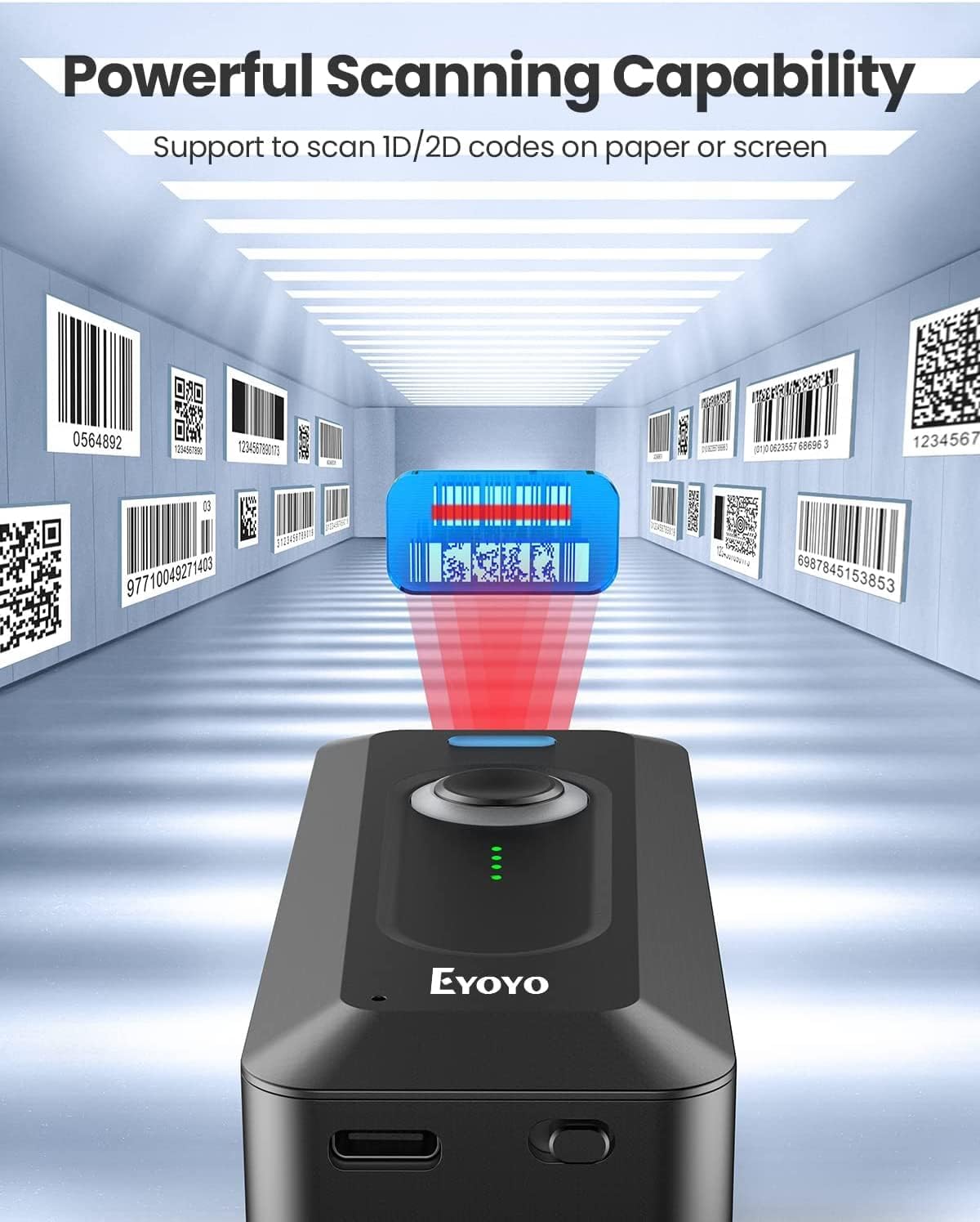 Eyoyo 2D Bluetooth Barcode Scanner Wireless with Clip, 2000mAh Battery with Level Indicator, Portable Mini QR Bar Code Reader for Library Book Inventory Compatible with iPhone, iPad, Android Phone