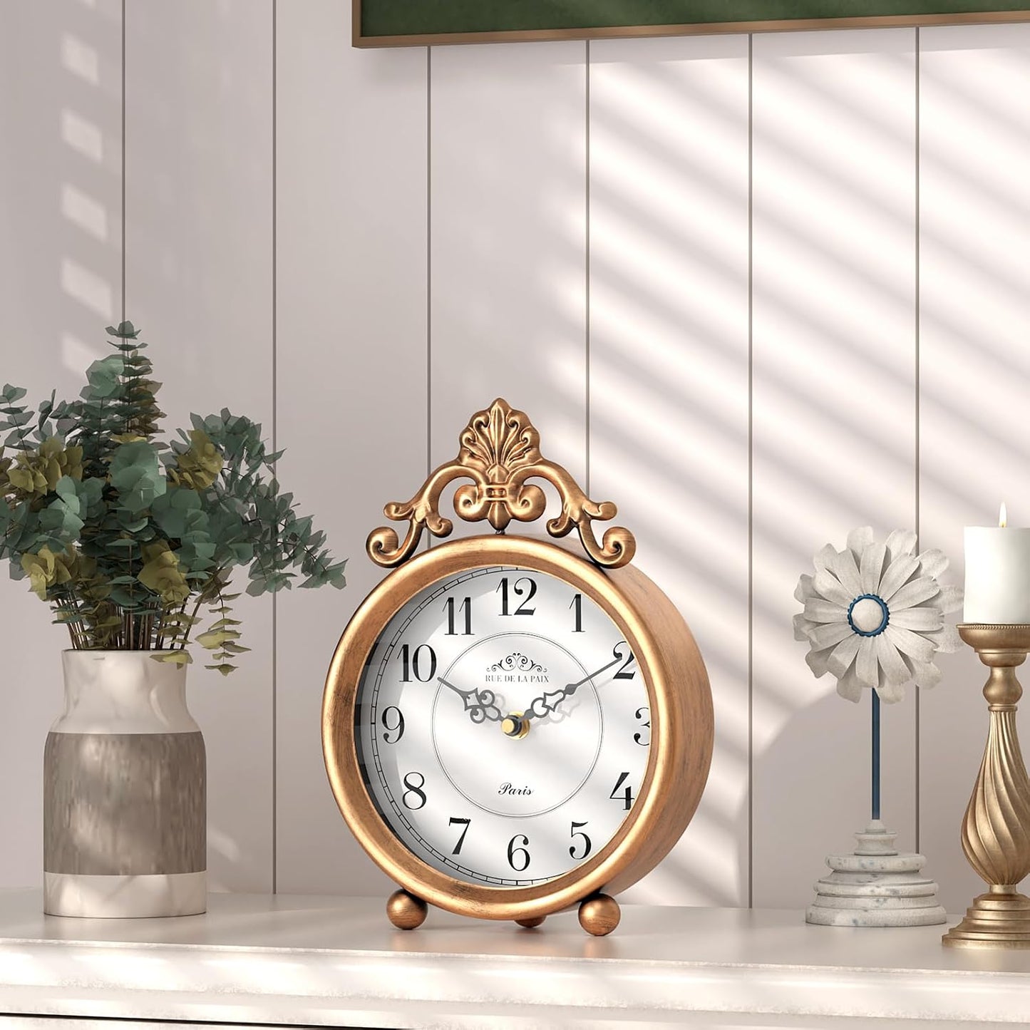 Vintage Gold Table Clock, Desk and Shelf Mantel Clock, French Rustic Antique Style Decor Clocks, for Farmhouse, Bedroom, Living Room, Bedside, Gift (9" H x 6.3" W)