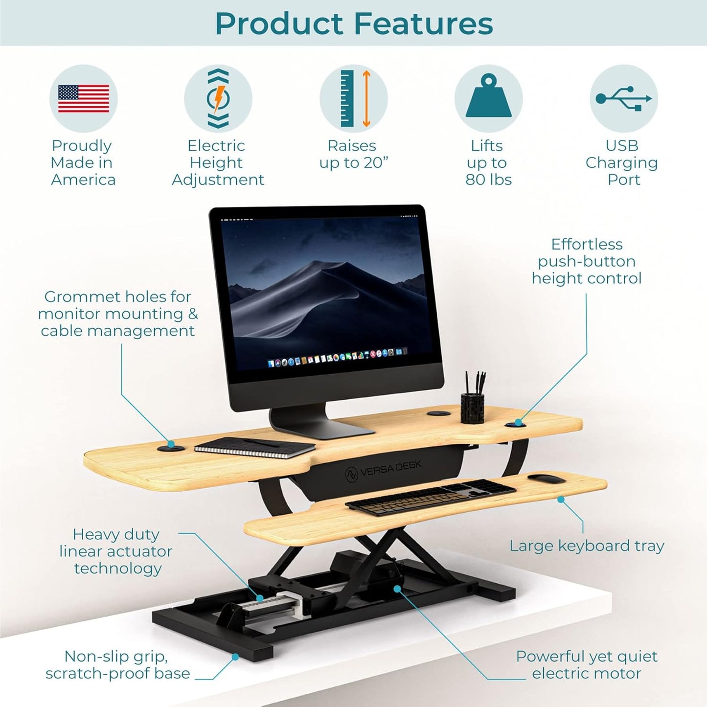 VERSADESK 48 Inch Extra Wide Electric Standing Desk Converter, PowerPro™ Height Adjustable Sit to Stand Desk Riser with Keyboard Tray, Built-in USB Charging Port, Hold 80 lbs, Maple