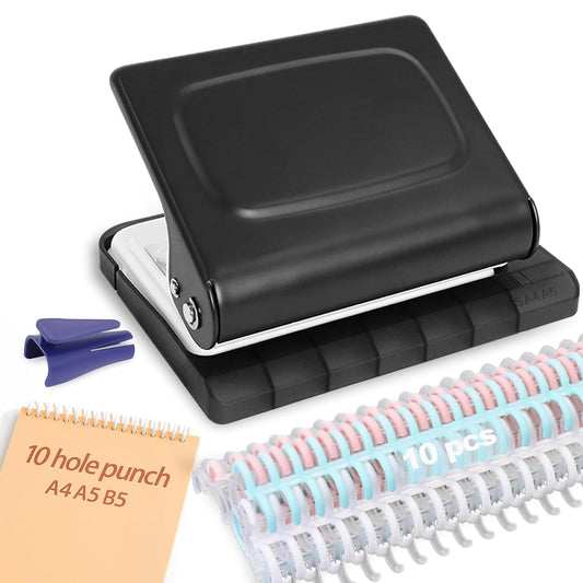 10 Hole Punch Binding Machine for Planners with 10 Multi-Color Binder Rings,30 Holes on A4,20 Holes on A5,26 Holes on B5,10 Sheet Capacity (Black)