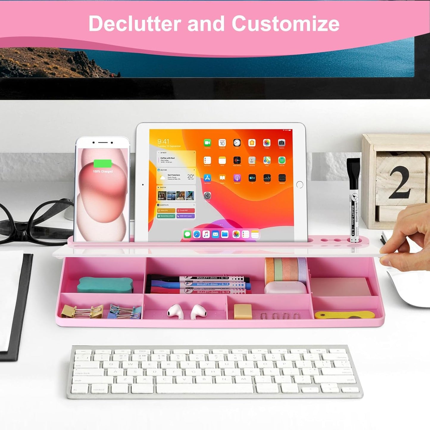 Desktop Glass Whiteboard with Storage, Pink Desk Dry Erase White Board with Computer Keyboard Stand, Desk Organizers and Accessories with Removable Cubicles for Office, Home, College, School