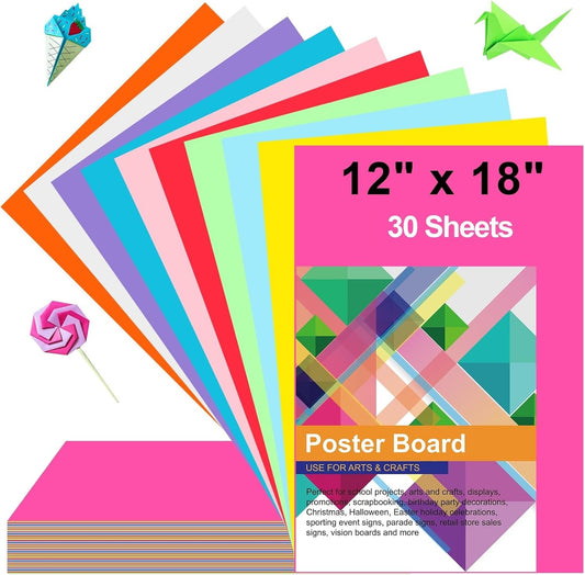 30 Pcs Poster Board Colorful Paper 12x18, ROOKEA Vision Boards Bulk Blank Graphic Display Posterboard Card Paper for Kids School Classroom Arts Craft Projects Drawing Scrapbooking
