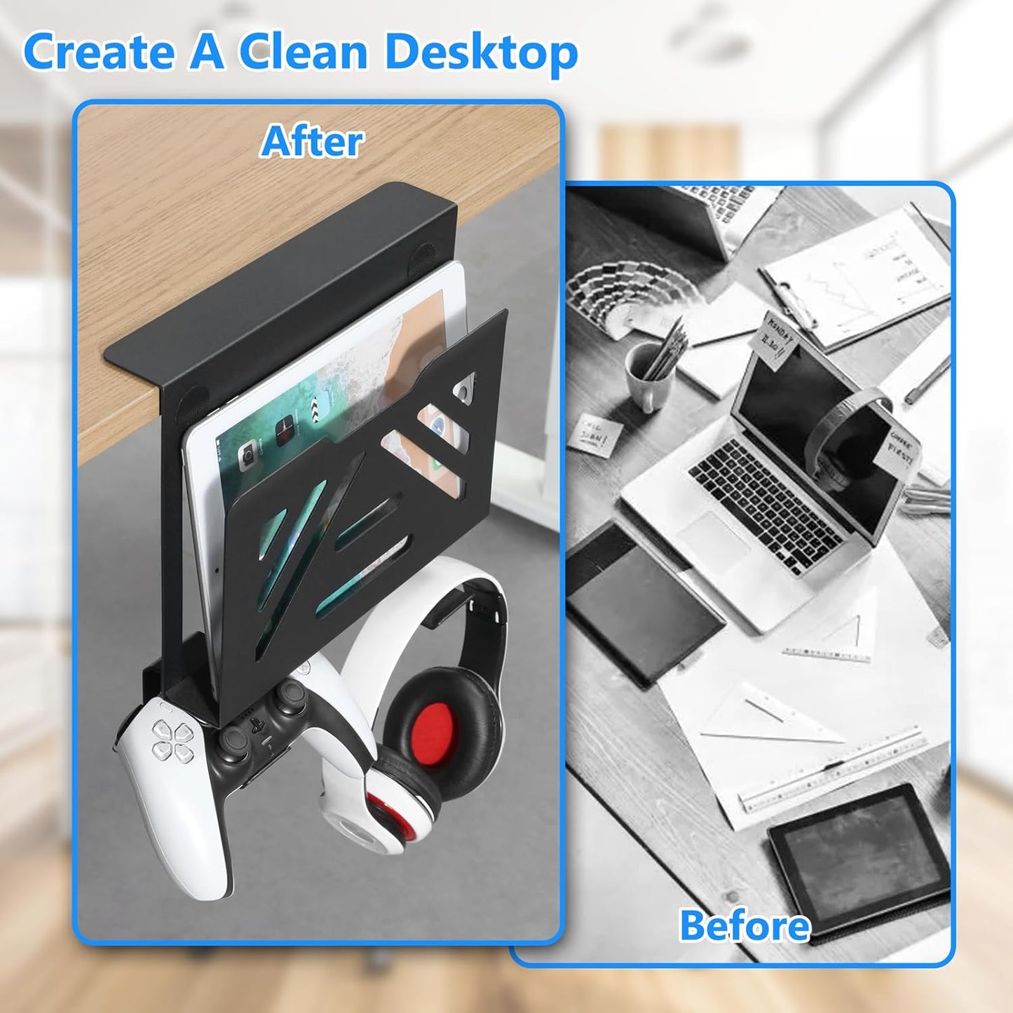 MAXECHO Desk Side Storage, Under Desk Laptop Mount, Table Side Hanging File Organizer, No Drill Clamp On Cable Management Tray, Laptop Holder with 2 Hooks for Office and Home, Load 22 Lbs