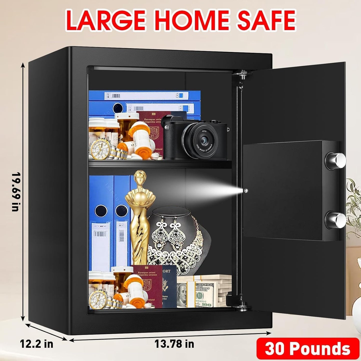 3.2 Cubic Feet Large Safes for Home Use Fire and Water Proof, Anti-Theft Digital Security Safe Box With Programmable Keypad & Spare Keys, Home Safes Water and Fireproof for Documents Money Valuables