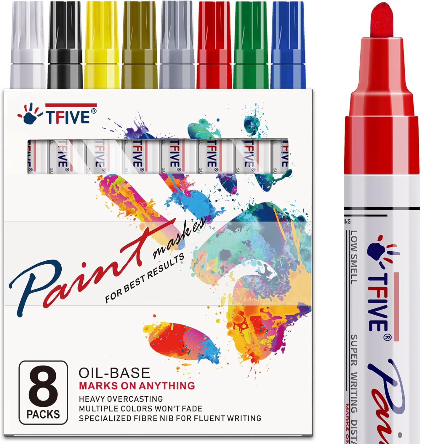 TFIVE Paint Markers Pens Set, 8 Color Oil-Based Permanent Paint Marker, Medium Tip, Quick Dry and Waterproof Pen for Rock Painting, Ceramic, Wood, Fabric, Plastic, Canvas, Glass, Mugs