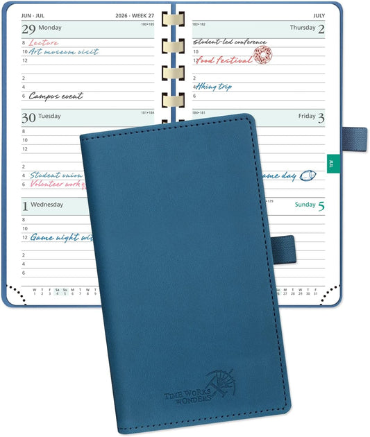 POPRUN 2026 Pocket Planner (Slim Size 3.5" x 6.5") Weekly and Monthly Calendar for Purse, with Hourly Time Slots, 100GSM Thick Paper, Spiral Soft Cover, Pen Holder - Night Sky Blue