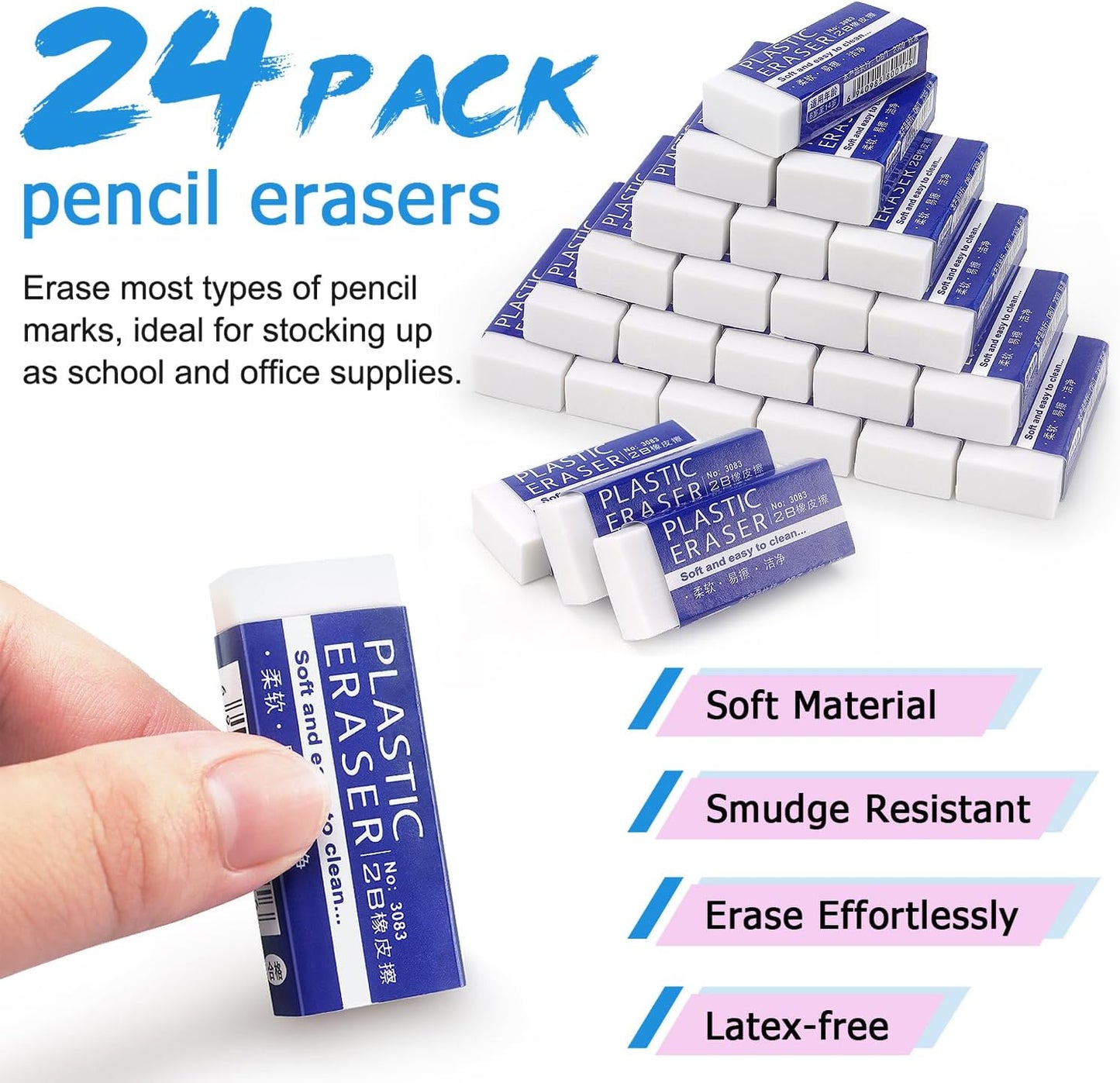 Tamaki 24 Pack Pencil Erasers, Large White Erasers for School Office, Art Erasers for Drawing