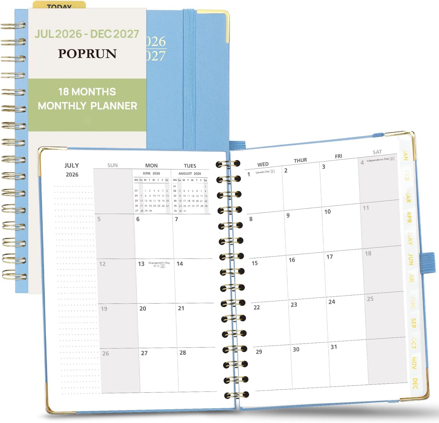 POPRUN Monthly Planner 2026-2027 Spiral Hardcover (6.25'' x 8.5''), 18 Months Calendar (Jan.2026-Jun.2027) - 2 Pages per Month with Dotted Note Pages, Sunday Start, Laminated Tab - Haze Blue