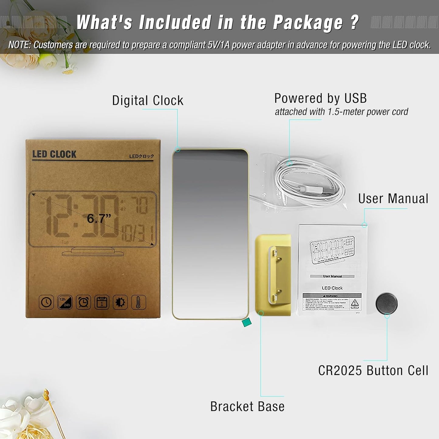 KOSUMOSU Dual Alarm Clock 6.7in Gold Desk Clock with Dimming, 12/24h, Seconds, Date, Day of Week, Temp, Digital LED Clock for Bedroom, Digital Calendar Clocks for Living Room Gold Desk Accessories