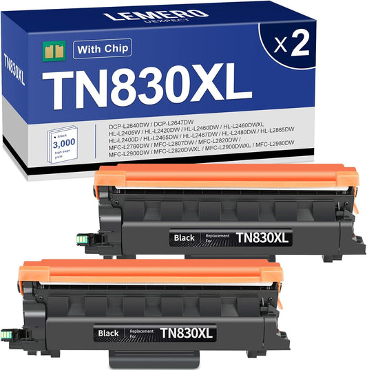 LEMERO UEXPECT Compatible for TN830XL Toner for Brother Printer Replacement for TN830XL TN 830XL TN-830XL Toner use with HL-L2460DW DCP-L2640DW HL-L2405W MFC-L2820DW HL-L2400D HL-L2480DW(Black,2 Pack)