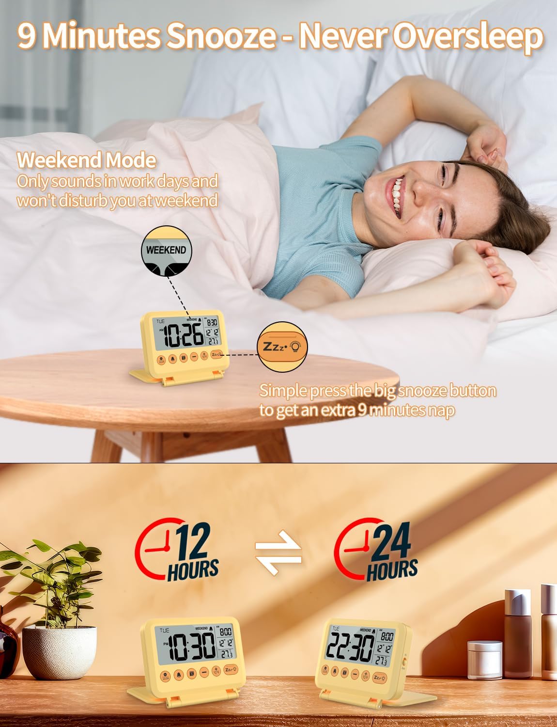Digital Travel Alarm Clock - 3.54 inch LCD Display, 9-Minute Snooze, 2 Volume Levels, Backlight, Battery Included (Yellow)