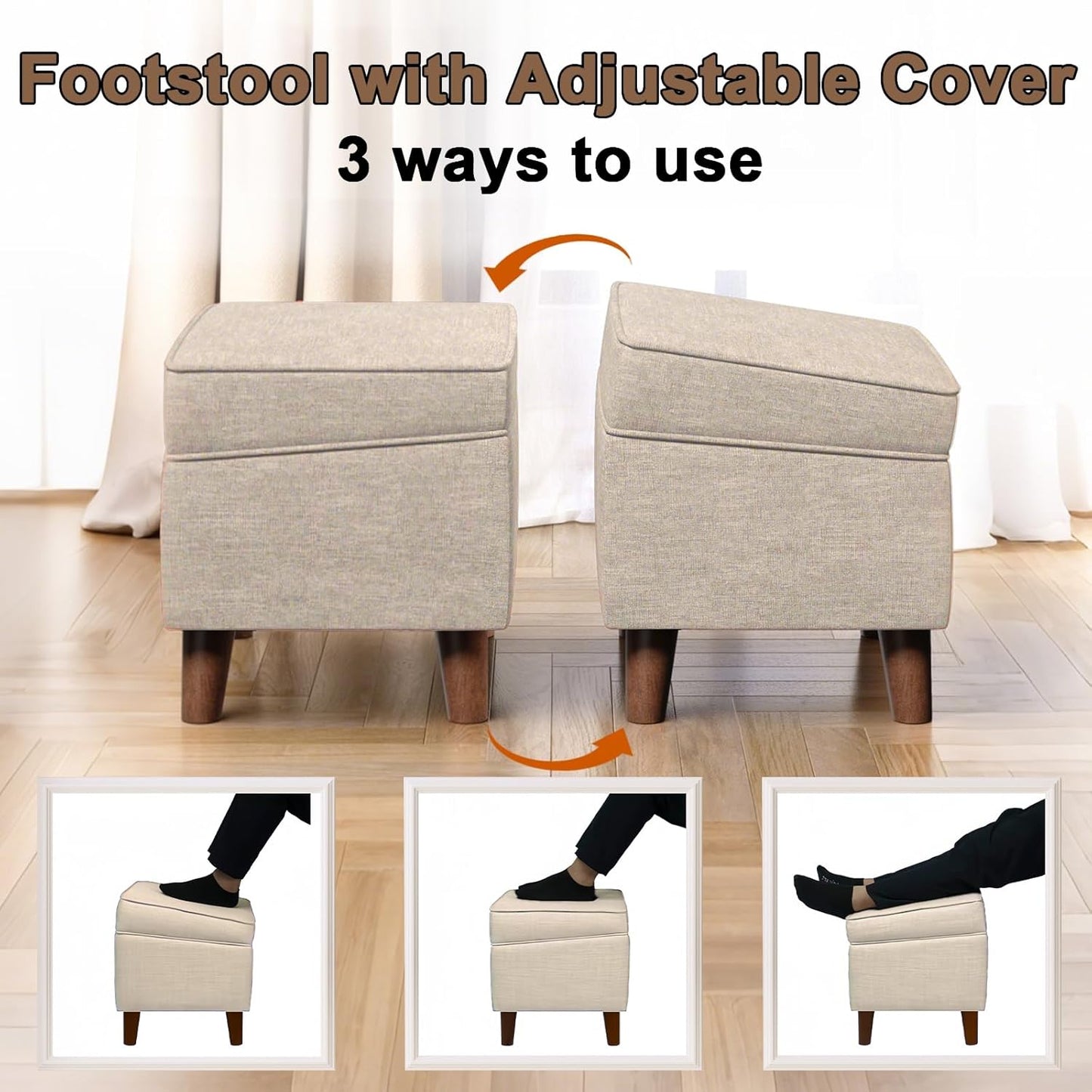 Foot Rests with Adjustable Cover, BOGO, Storage Ottoman Dorm, Footstool & Sitting Stool, Ottoman Foot Stool Set for Living Room, Bedroom, Dorm, Beige