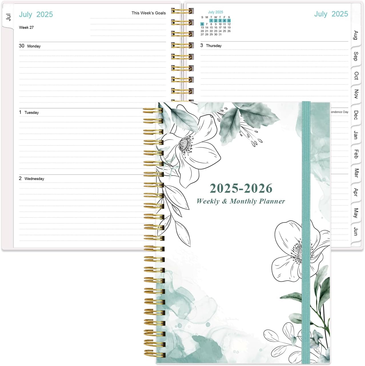 Planner 2025-2026 - July 2025 - June 2026, Academic Planner 2025-2026 with Flexible Cover, Tabs, Inner Pocket, Spiral Bound, 6.4" x 8.5", Teal Flowers