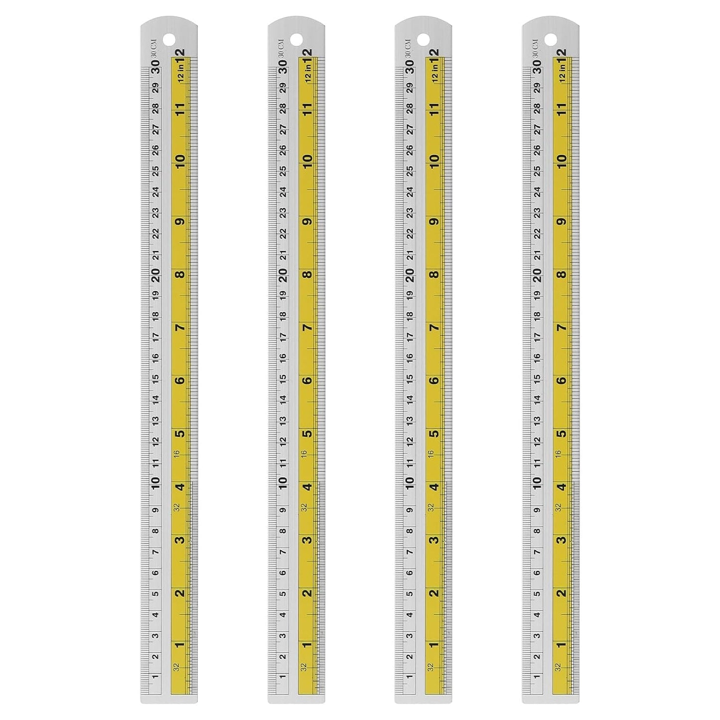 HARFINGTON 4pcs Metal Straight Ruler 30cm Metric SAE Aluminum Alloy Measuring Rulers Scale Tool with Hole for Measure Study Reading Classroom Office, Yellow