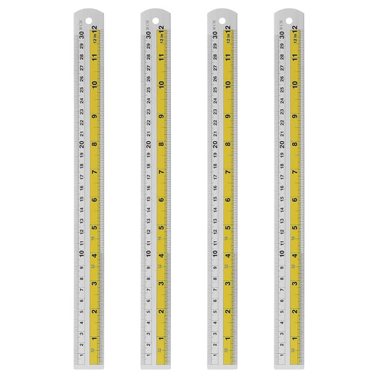 HARFINGTON 4pcs Metal Straight Ruler 30cm Metric SAE Aluminum Alloy Measuring Rulers Scale Tool with Hole for Measure Study Reading Classroom Office, Yellow